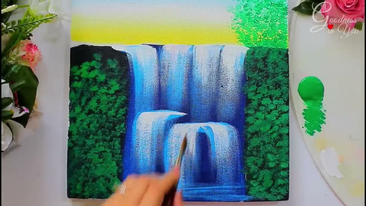 waterfall landscape acrylic painting tutorial by goodness in you