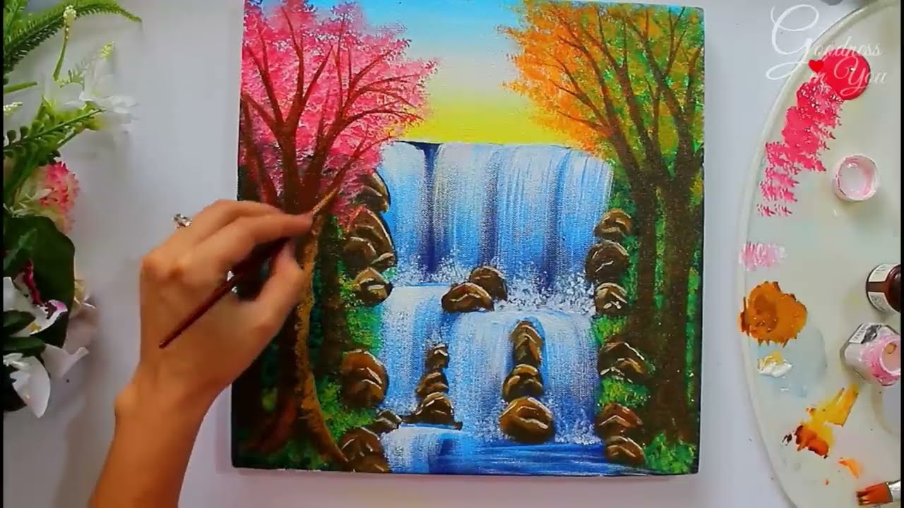 waterfall landscape acrylic painting tutorial by goodness in you