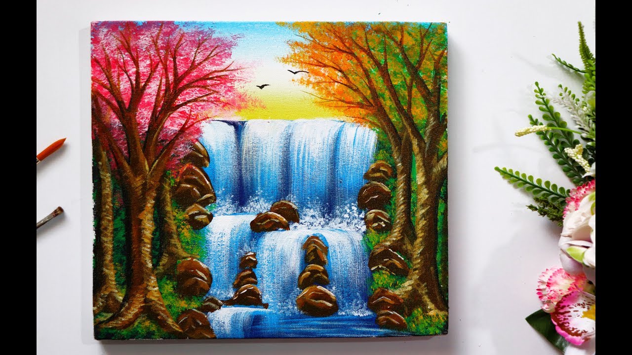 waterfall landscape acrylic painting tutorial by goodness in you