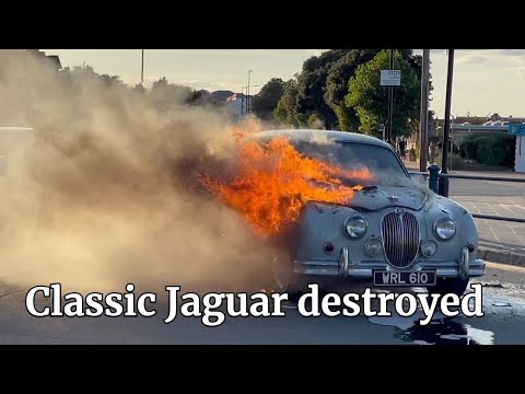 Car Fire on Ryde Esplanade, Isle of Wight. Classic 1964 Jaguar 3.8L Mk2.