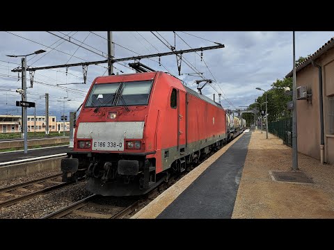 Unusual: German DB Cargo in France passing Narbonne - Loco E186 - Traxx F140 MS #train