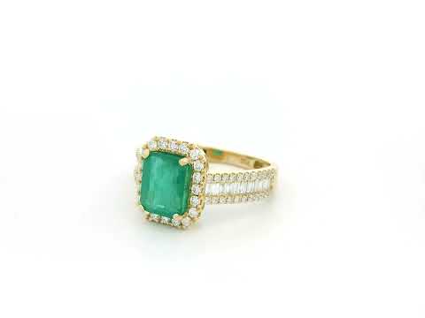 Emerald & Diamond Halo Ring with Baguette Accents in 18K Yellow Gold