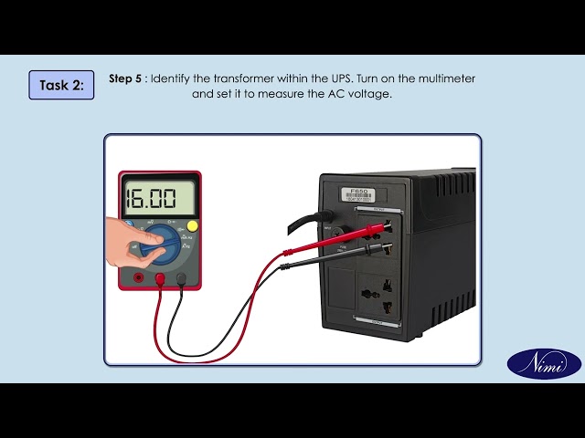 Demonstrate the various test points and verify the voltage on the UPS