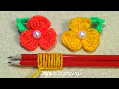 Easy Woolen Flower Making Ideas with Pencil - Hand Embroidery Amazing Trick - DIY Yarn Flowers