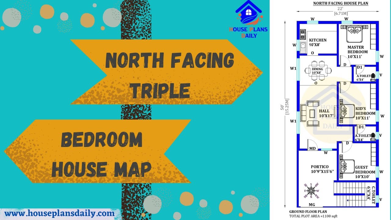 North Facing Triple Bedroom House Map | 1100 Sqft House Design