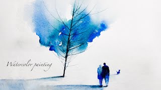 minimal painting . strolling a couple . easy watercolor painting