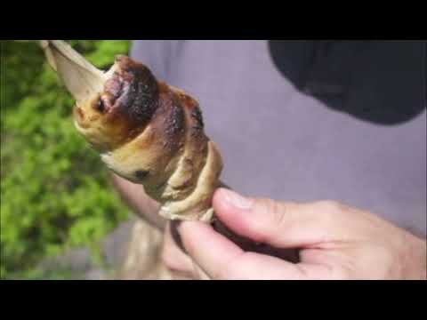 Stockbrot mit Kindern am Lagerfeuer grillen