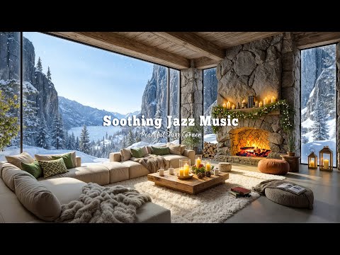 Soothing Jazz Music In Winter Living Room Ambience | Calm Forest On Snowy Day For Relaxation
