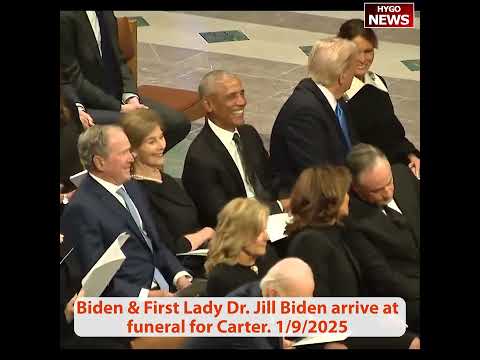 Obama chuckles as Trump whispers in his ear; Trump shakes hands with VP Al Gore & Mike Pence