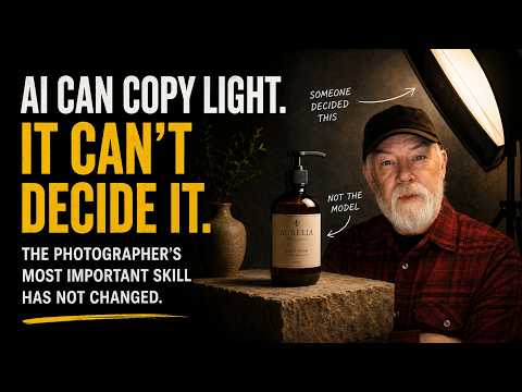 Video thumbnail showing a bearded man being lit for a product photo of an Aurelia skincare bottle, captioned "AI can't copy light, it can't decide it — the photographer's most important skill."