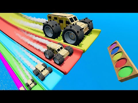 Big and Small Spike Wheels Wooden Monster Truck vs Slide Color with Portal Trap - BeamNG #88
