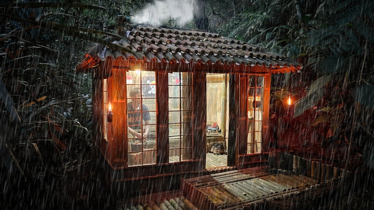 2hari solo camping Membangun tempat berlindung atap bambu susun & Perapian kaleng seng||Bushcraft