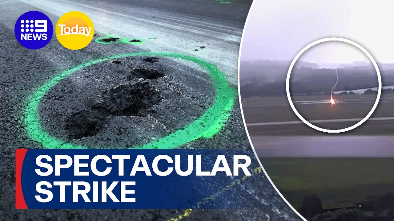 Incredible moment lightning strikes at airport | 9 News Australia