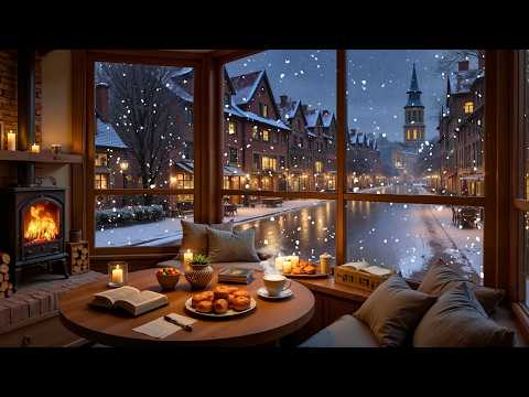 Relaxing Winter Jazz ❄️ Cozy Fireplace Sounds & Coffee Shop Ambience for Study & Work