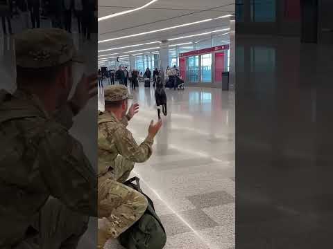 A injured dog greets a discharged soldier at the airport.