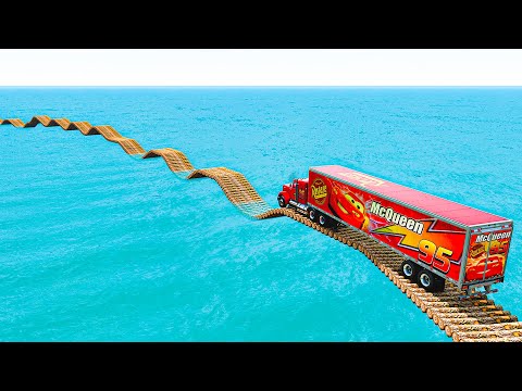 Mack Truck vs Impossible Log Wave Bridge Crossing Cars Vs Deep Water - BeamNG.Drive