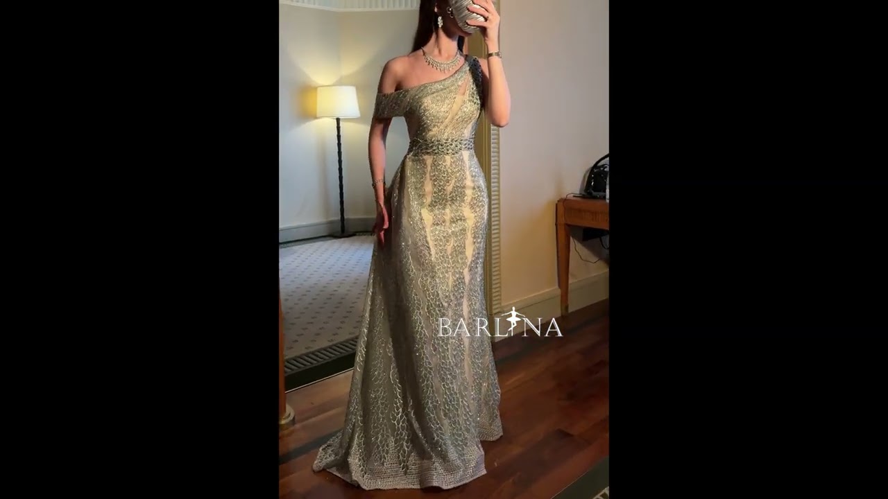 Beige one-shoulder dangling evening dress - 4XL