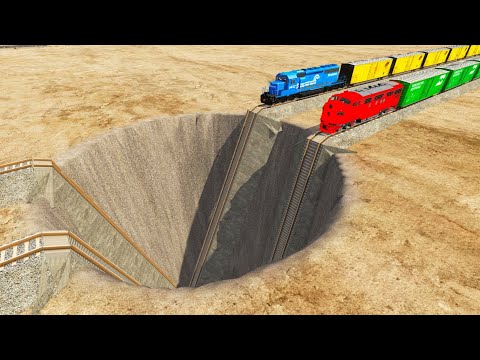 Trains vs Giant Pit – BeamNG.Drive