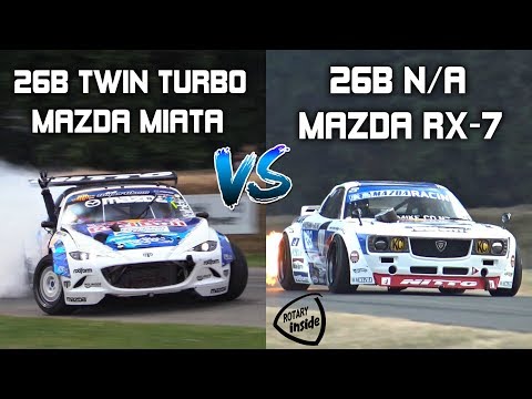 Mad Mike's 4-Rotor Twin Turbo Miata vs 4-Rotor N/A Madbul RX-7 - CRAZY Screaming Rotary Battle!