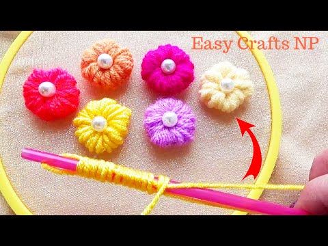 Super Easy Woolen Craft  Ideas with Straw # Hand Embroidery Amazing Trick # DIY Woolen Flowers
