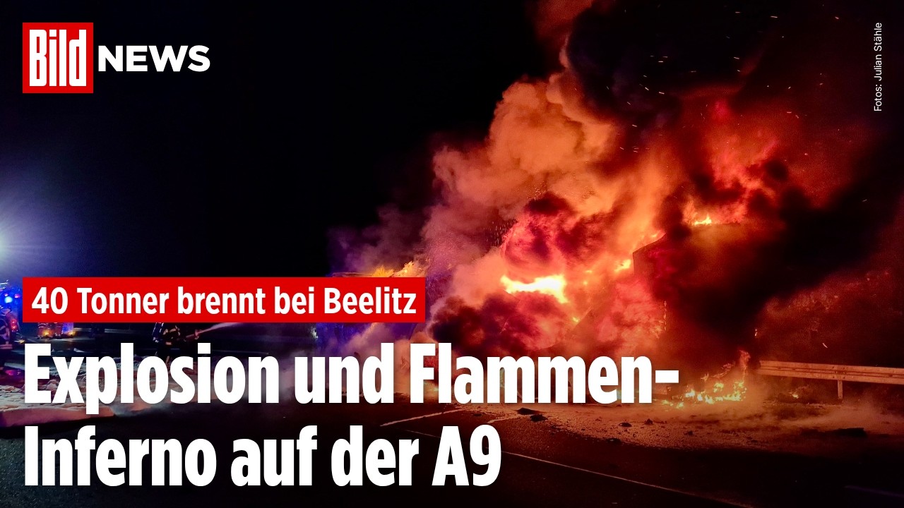 Auf der A9 bei Beelitz in Brandenburg: Lkw steht lichterloh in Flammen