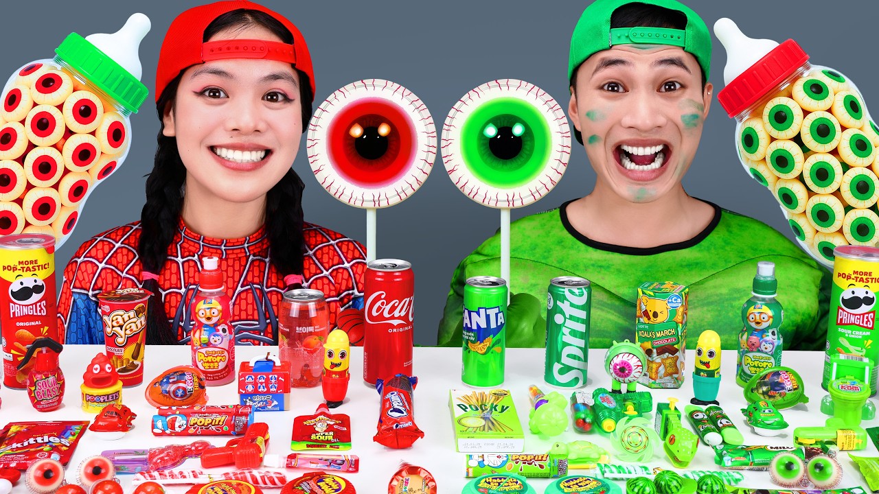 赤い食べ物 VS 緑の食べ物チャレンジ | ASMR巨大目玉キャンディモッパン Spiderman VS Hulk