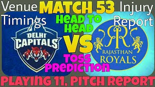 DC vs RR | Match 53 | Playing 11, Pitch report, Toss prediction, Head to head, Injury Report