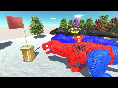 SPEED RACE NEW SPIDERMAN T REX VS SUPERHERO DINOSAURS - Animal Revolt Battle Simulator