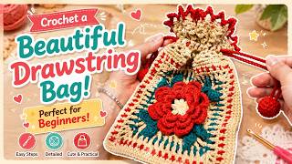 How to Crochet a Beautiful Drawstring Bag 🌸 | Beginner Friendly Tutorial#crochet #handmade #bag