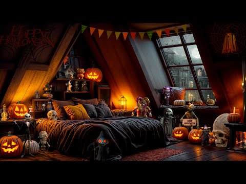 Cozy Halloween Attic Bedroom Ambience | Spooky Relaxing Room with Fireplace & Rain Sounds for Sleep