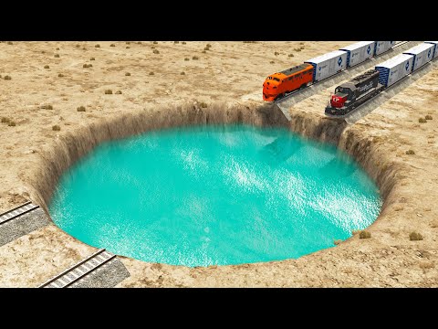 Trains vs Cars vs Giant Water Pit - BeamNG.Drive