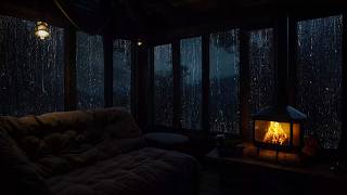 Quiet Forest Rain in a Wooden Cabin | Cozy Fireplace Ambience at Night for Calm and Restful