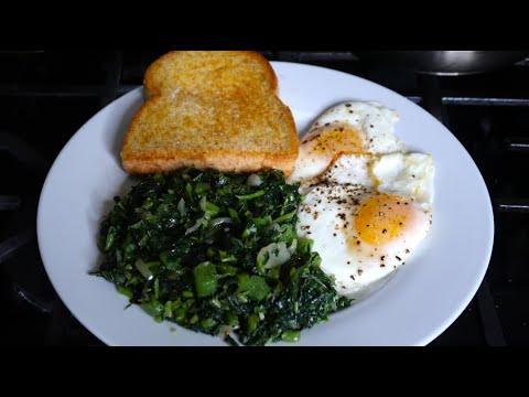 Quick Nutritious Jamaican Breakfast (Steamed Calaloo, Fried Eggs and Toasted Bread)