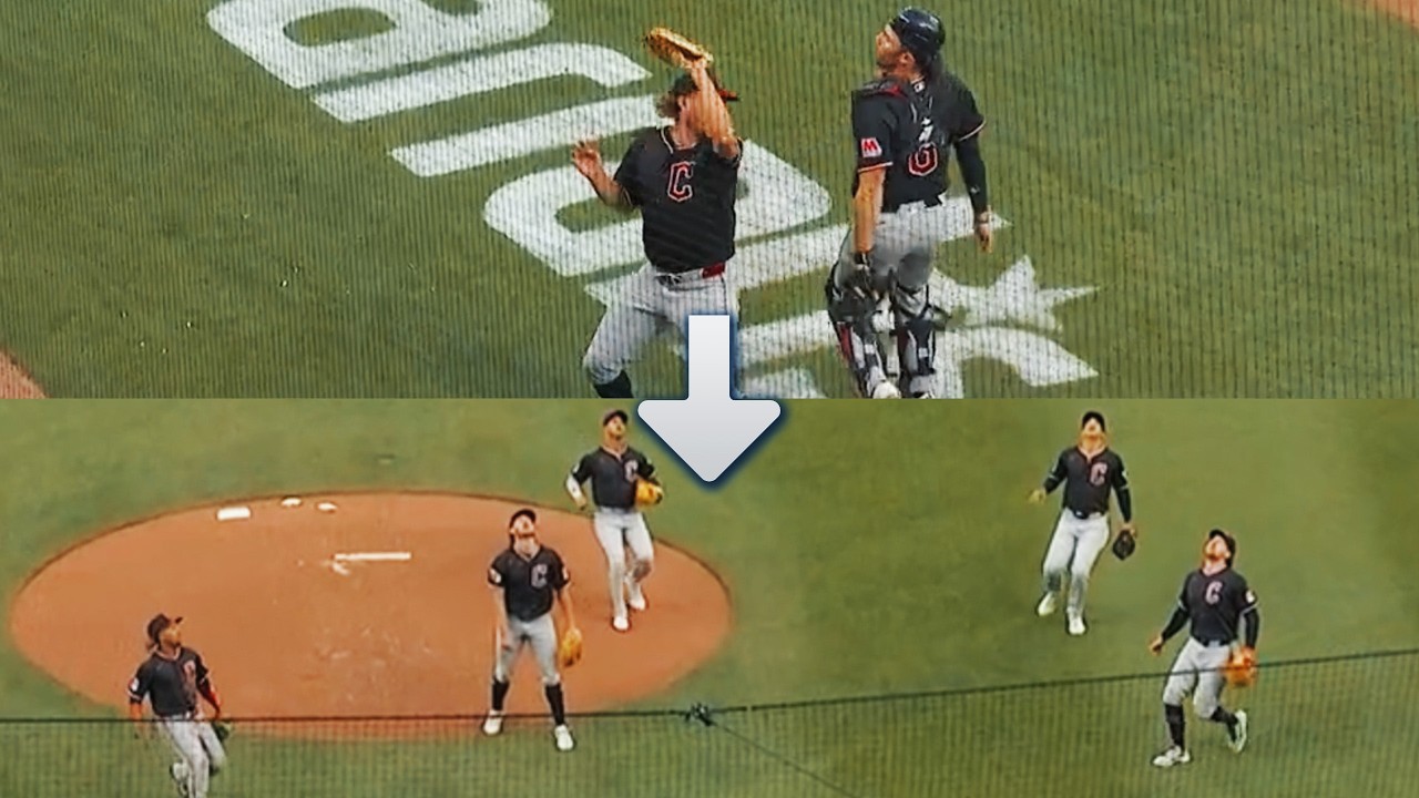 Pitcher Tanner Bibee catches pop-up ... all 4 infielders swarm to prevent him from catching another!