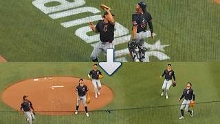 Pitcher Tanner Bibee catches pop-up ... all 4 infielders swarm to prevent him from catching another!