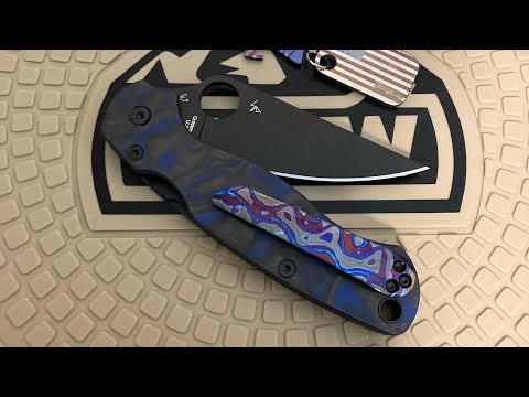 Spyderco Para 2 With Knivesplus Blue Swirl CF scales and APurvis Blades Black Timascus clip S45vn
