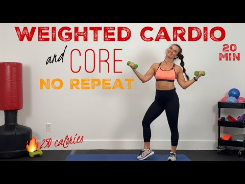 20 Minute SWEATY DUMBBELL CARDIO and CORE Workout / NO REPEAT / Burn 250 calories