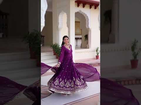 Blue Vichitra Silk Sequins Embroidered Anarkali Gown with Fancy V-Neck & Designer Dupatta – Fully Stitched Party & Festive Wear