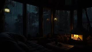 Cozy Cabin Night with Fireplace Ambience | Relax, Sleep, Study Ambient with Rain Sounds