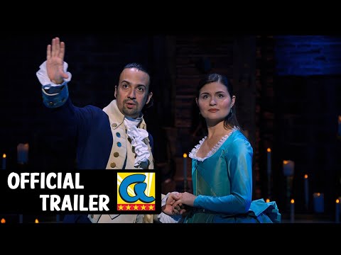 Hamilton musical cast singing together in a trailer performance frame