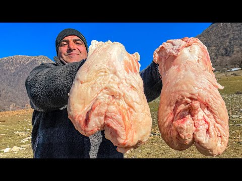 , title : 'Cooking Lamb Tail Fat Under the Snow! UNUSUAL RECIPE | Village Family Cooking'