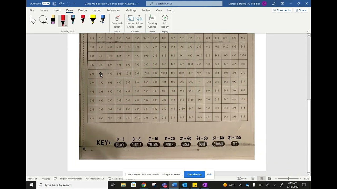 Multiplication Coloring Sheet