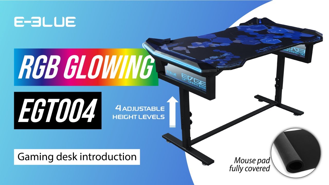E-Blue Gaming Desk, 1.35 Metres Length, 4 Levels of Adjustable Height, RGB Glowing Light Effect | EGT004