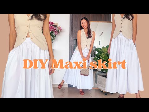 DIY Maxi skirt with gathered fabric at the front and elastic waistband at the back