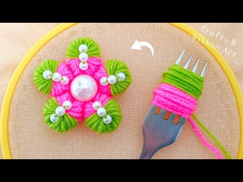 It's so Beautiful !! Super Easy Flower Craft Ideas with Fork - Hand Embroidery Amazing Flower Design