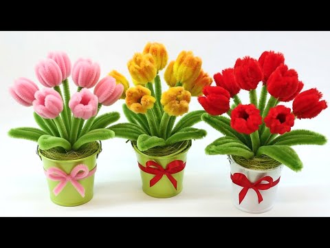🌷 DIY Mini Tulips 🌷 Tulip flowers made of chenille wire (Pipe Cleaners)