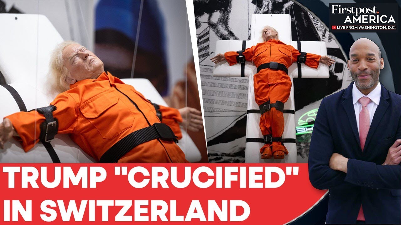 "Saint or Sinner," Trump Sculpture strapped to cross displayed in Switzerland | Firstpost America  