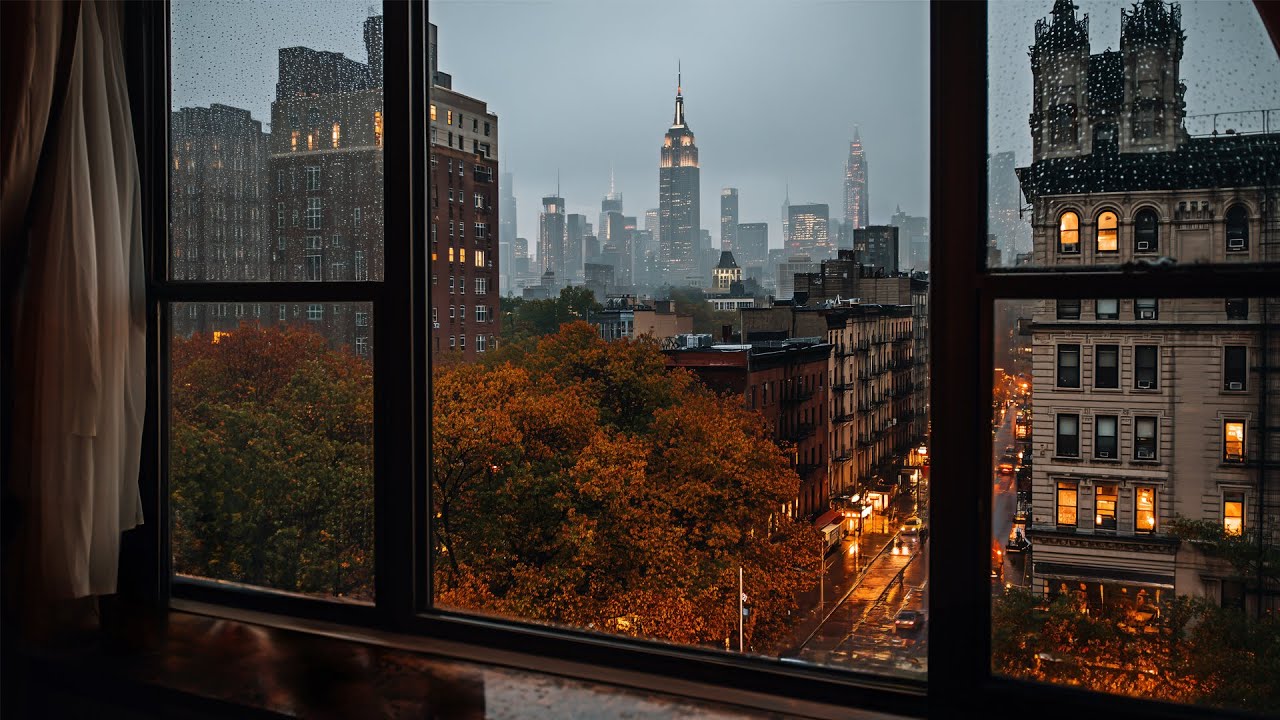 Relaxing Evening Fall Rain In New York City🍂🌧️Calm Rain Ambience For Reading, Sleeping, Etc.