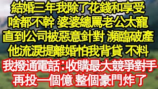 結婚三年我除了花錢和享受，啥都不幹 婆婆總罵老公太寵，直到公司被惡意針對 瀕臨破產，他流淚提離婚怕我背貸 不料，我撥通電話：收購最大競爭對手，再投一個億 整個豪門炸了真情故事會|老年故事|情感需求