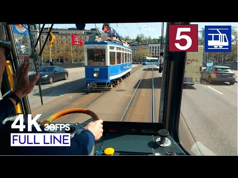 🇨🇭 Cab Ride Zurich Tram Line 5 Driver's View | Laubegg - Kirche Fluntern Full Line [4K]